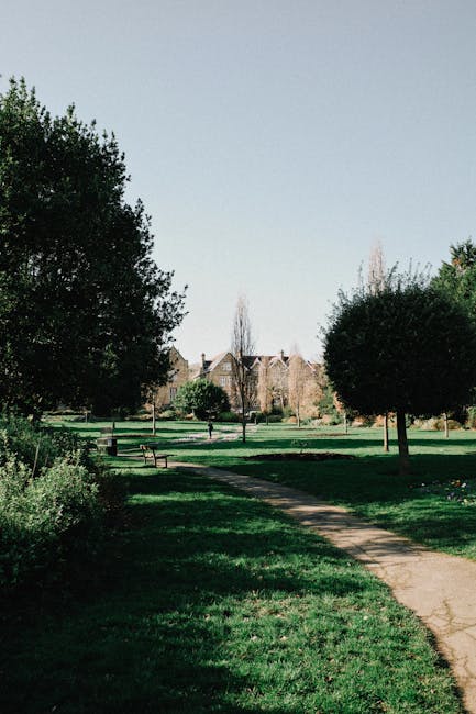 A winding concrete pathway runs through a well-maintained garden, bordered by neatly trimmed hedges on one side and a grass lawn on the other. To the left, large lush trees with dense green foliage ar
